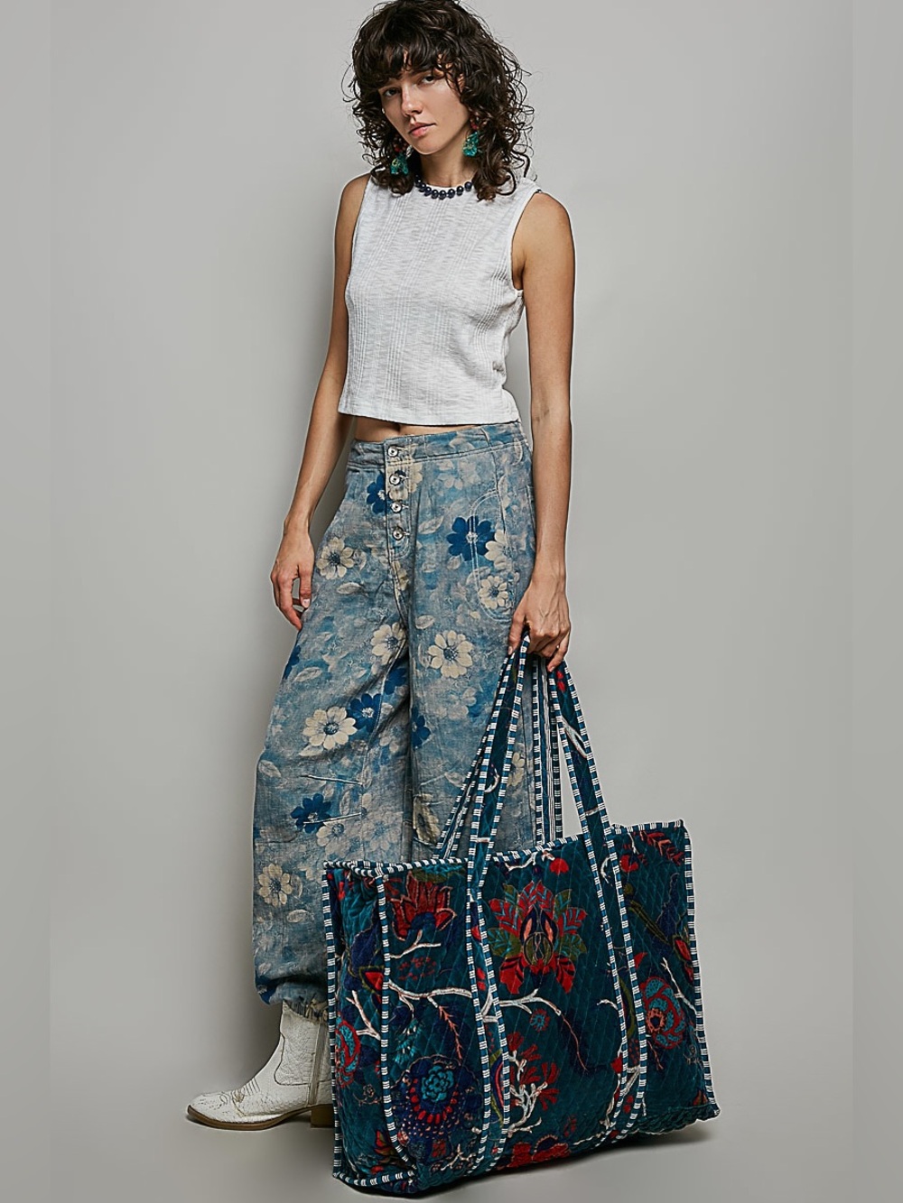 New POL Teal Floral Quilted Tote Bag - Picture 2 of 8